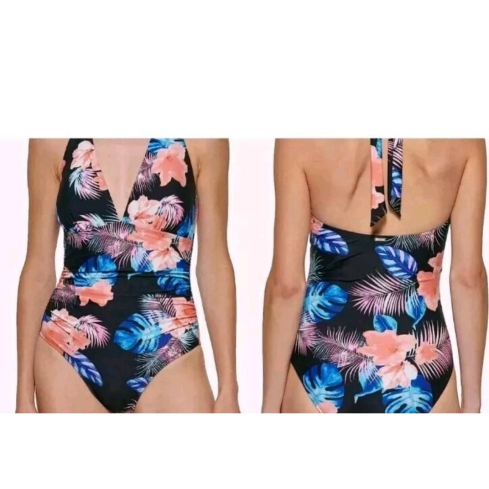 DKNY Women's Small One Piece Tummy Control Bathing Suit Black Floral  Halter NWT - Picture 1 of 7